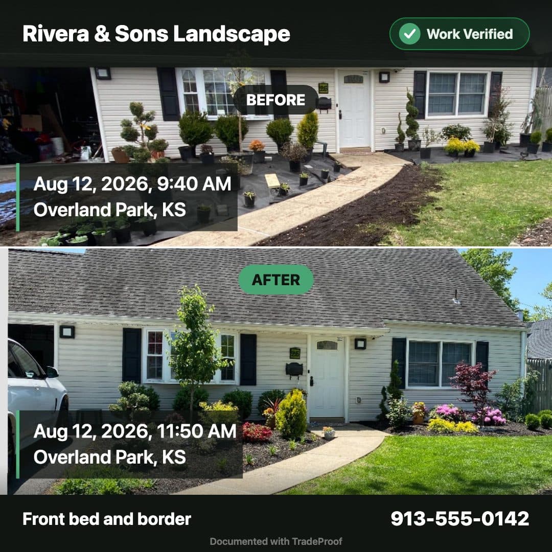 A finished ad for Rivera & Sons Landscape: the same front bed photographed before and after, each stamped with its time and town.