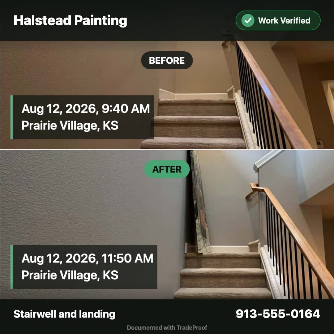 A finished ad for Halstead Painting: a stairwell in its old colour and the same stairwell repainted, each stamped with its time and town.
