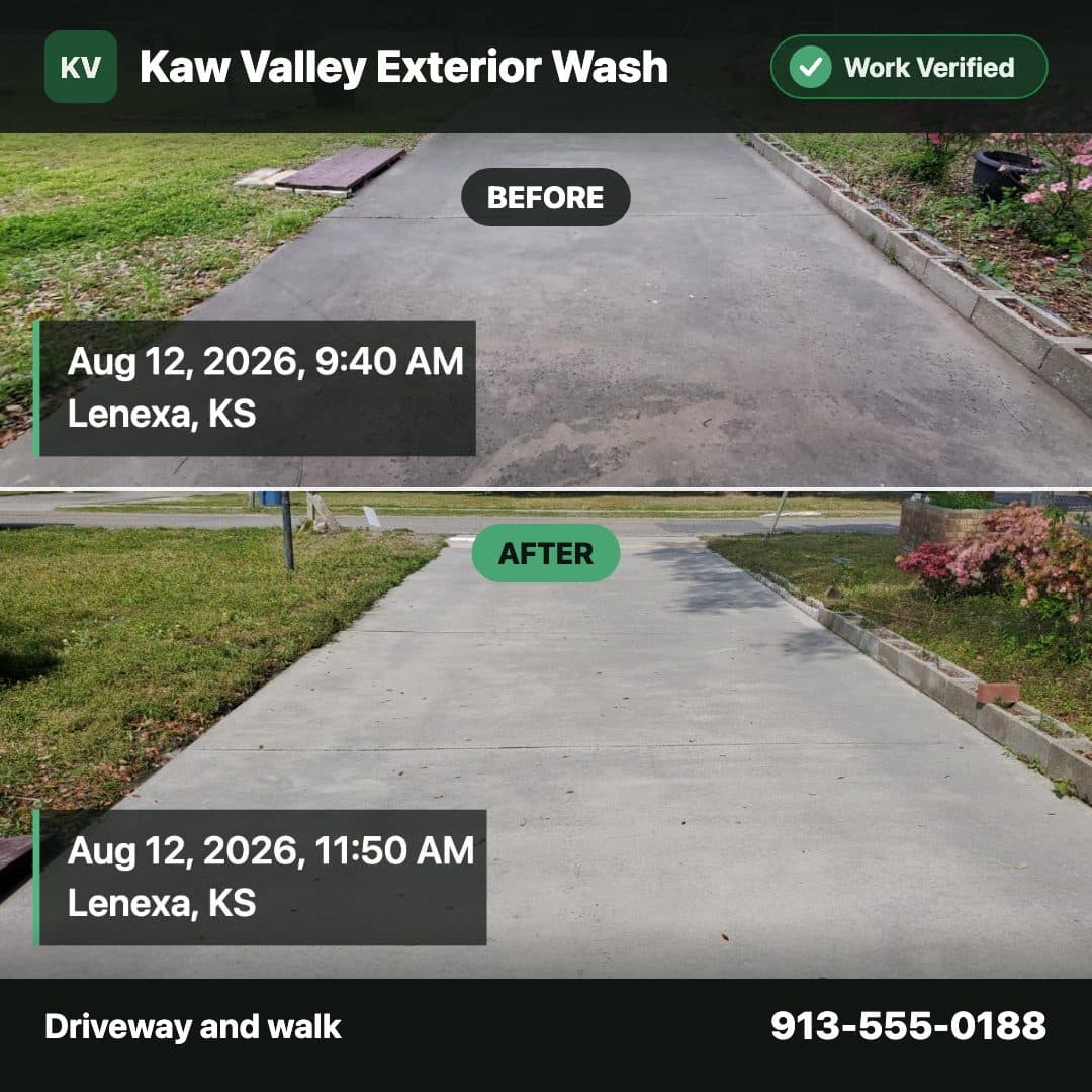 A finished TradeProof ad: a stained driveway and the same driveway cleaned, with the business name, the job and the phone number printed on it.