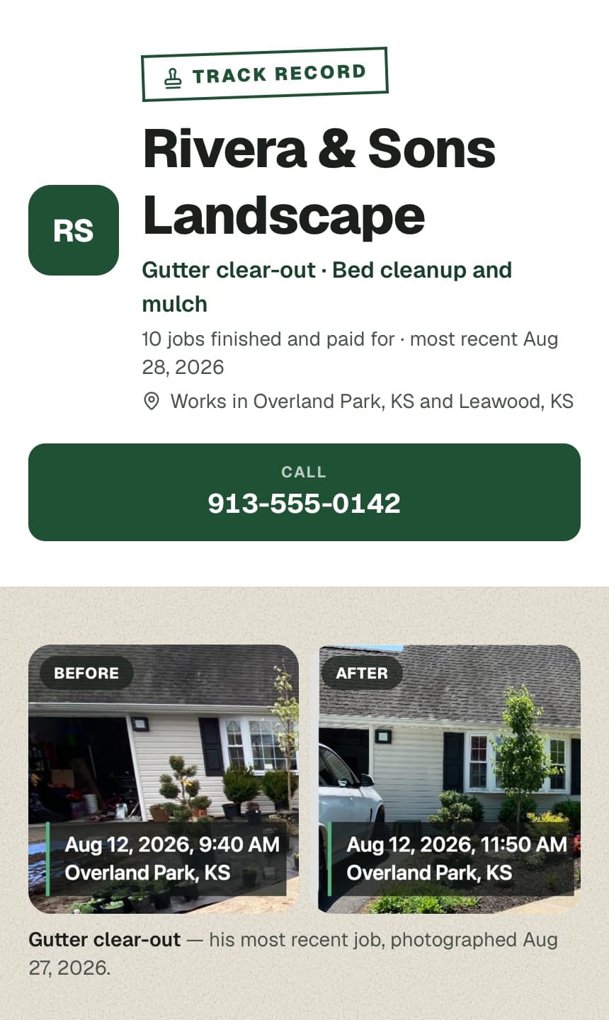 A contractor's public work page: Rivera & Sons Landscape, 10 jobs finished and paid for, the towns he works in, his number, and a before and after of a gutter clear-out with the date and place printed on each photograph